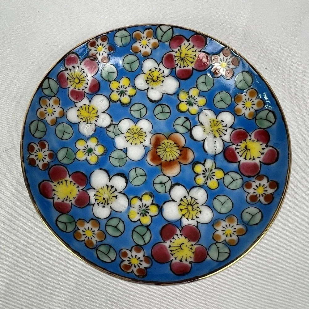 Vintage Viking Import Japan Floral Trinket Dish Blue Enamel Gold Rim Flowers 60s